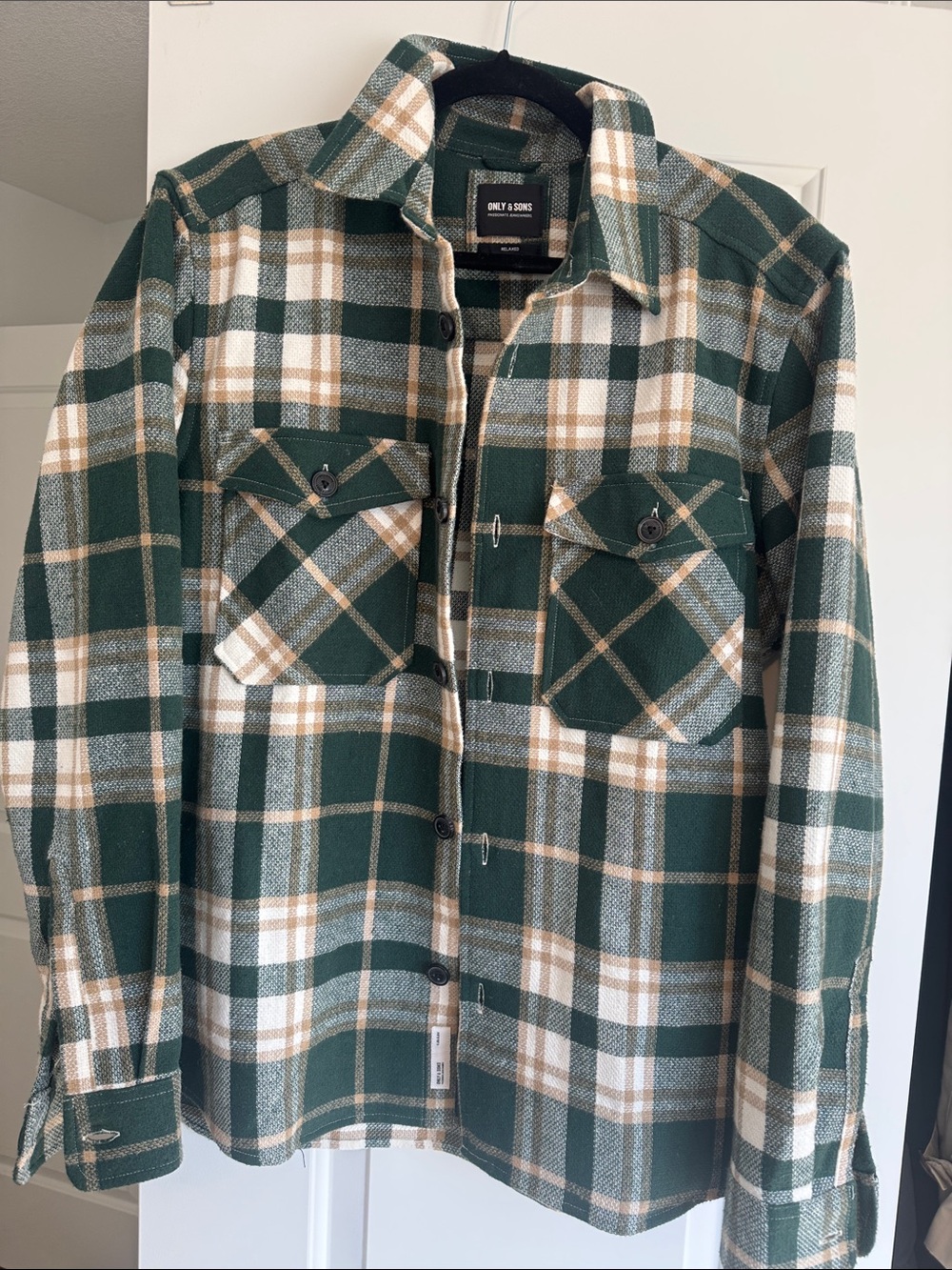 Men’s Only & Sons Relaxed Fit Green Plaid Button-Up Shirt Jacket